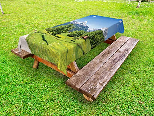 ABAKUHAUS Schneeberg Outdoor-Tischdecke, Idyllische Bayerische Alpen, dekorative waschbare Picknick-Tischdecke, 145 x 265 cm, Kobaltblau Mehrfarbig