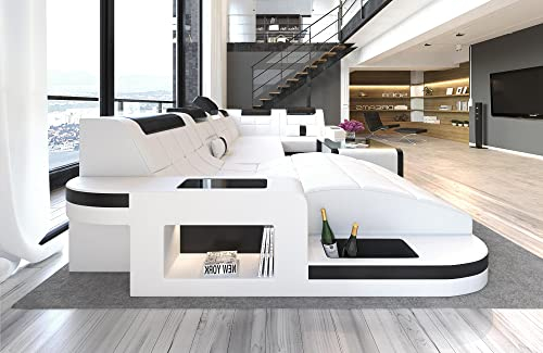 Wohnlandschaft Wave U Form Sofa in Leder - mit LED Beleuchtung, verstellbare Kopfstützen, Recamiere/Lederfarben wählbar/Ausrichtung wählbar (Ottomane Links, Weiß-Schwarz)