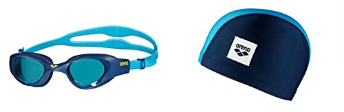 ARENA The One Junior Occhialini Nuoto Anti-Appannamento per Bambini, Occhialini Piscina con Ampie Lenti, Protezione UV & Unix II Jr, Cuffia per Bimbi Unisex Junior, Multicolore (Navy-Blue-LightBlue)