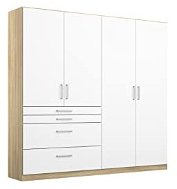 Rauch Möbel Harburg Schrank Kleiderschrank Drehtürenschrank Weiß/Eiche Sonoma, Holz, 4-türig mit 4 Schubladen inklusive Zubehörpaket Basic 3 Einlegeböden, 1 Kleiderstange BxHxT 181x197x54 cm