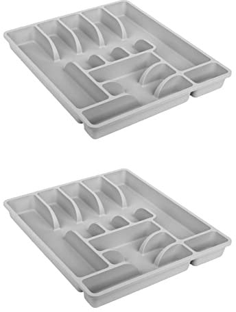 Engelland 2 x Besteckkasten Besteckkorb mit 9 Fächern, Besteckeinsatz aus Kunststoff, BPA-frei, Farbe: Hellgrau, Maße: 45 x 39 x 5 cm
