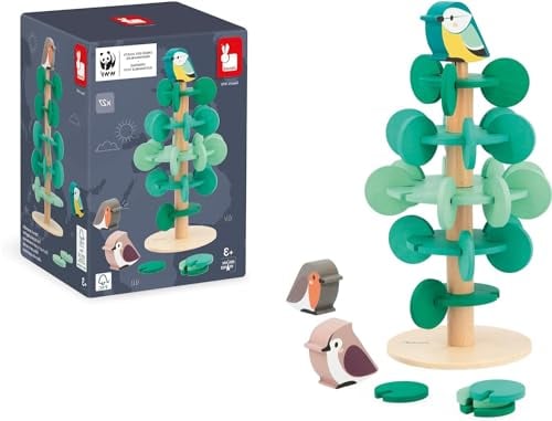 Janod - Baum zum Zusammenbauen, 30 cm - 37 Teile + 3 Vögel - Lernspiel - Spielzeug aus FSC-Holz - WWF-Partnerschaft - Ab 3 Jahre, J08646