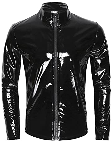 Caxndycing Herren Lack-Optik Jacke Wetlook Oberteile Männer T-Shirt Unterhemd Muskelshirt Lack Leder Mesh mit Stehkragen Herrenmode Sexy Party Clubwear Lack Optik Wetlook Oberteile
