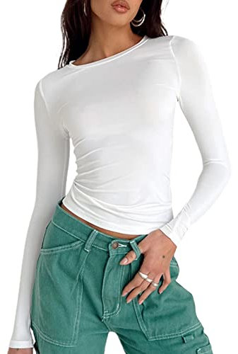 KUKEYIEE Top da Donna Basic a Maniche Lunghe Slim Fit Crop T Shirt Top Y2K Top TikTok Crop Top Club Party E-Girls Streetwear(White-a, L)