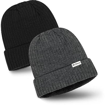Ben Sherman Herren Rippstrickmützen – Bündchen Wintermütze mit Fellfutter – 2er-Pack warme Beanie-Mütze, Grau/Schwarz mit Plüsch gefüttert, Einheitsgröße