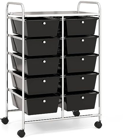 COSTWAY 10 Drawers Storage Cart, Multipurpose Mobile Organizer Shelving Unit with Handle, Removable Drawers & Lockable Wheels, Utility Rolling Trolley for Home Office Beauty (Black)