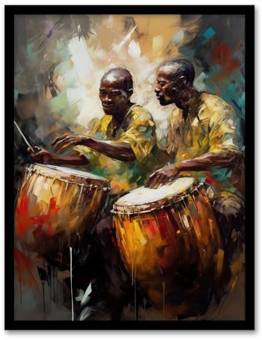 Artery8 African Drum Players Oil Painting Orange Yellow Blue Drummer Beat Traditional Music Songs Art Print Framed Poster Wall Decor 12x16 inch