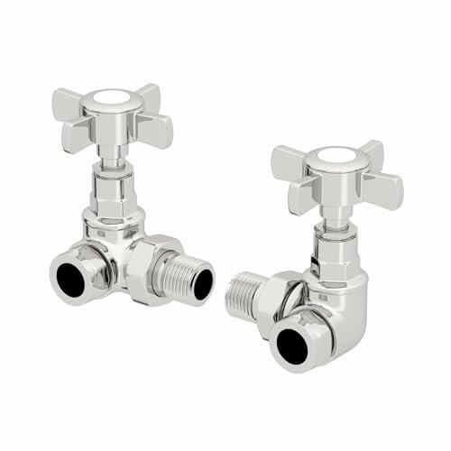 DuraTherm Traditional Manual Corner Towel Radiator Valve Set, 15mm Central Heating Valves for Radiators, Round Crosshead, Polished Chrome