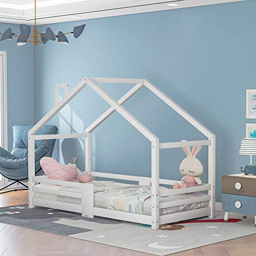 Kinderbett 90 x 200 cm, Hausbett mit Schornstein Rausfallschutz Robuste Lattenroste, Kiefernholz Haus Bett for Kids ohne Matratze Weiß