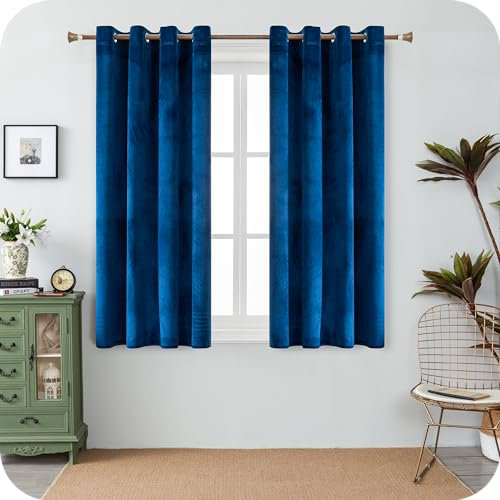 GIRASOLE HOME Paire de rideaux Adélaïde doux occultants thermiques en velours 2 panneaux de 140 x 150 cm avec œillets bleu