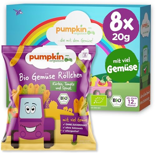 Pumpkin Organics Kindersnack Bio Gemüse Röllchen (8er Pack) Baby- und Kindersnacks ohne Zusatzstoffe ab dem 12. Monat - allergenfreie² und glutenfreie² Knuspersnacks für Kinder (8x20g)