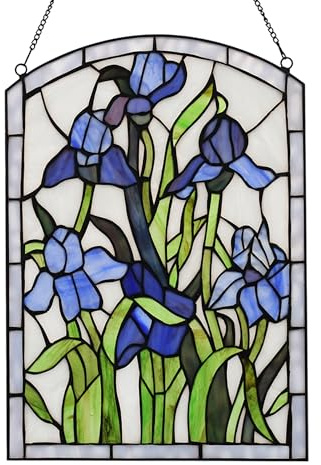 YOURANJU Iris Stained Glass Window Hanging 16 H x 11 W Tiffany Style Blue Rectangular Window Panel Suitable for Living Room Bedroom Kitchen Window Decoration Hangings with Chain