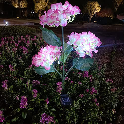 BomKra Solar Garden Lights Outdoor Waterproof,Hydrangea Solar Lights,Solar Garden Ornaments LED Realistic Flower Lights Decorative,Garden Stake Lights for Pathway Yard Patio Garden (Pink)
