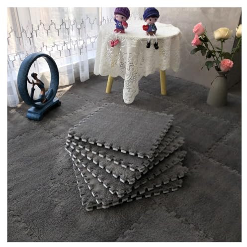 12 Pieces Square Foam Carpet Tiles, Thickened Fluffy Plush Interlocking Floor Mat, Soft Anti-Slip Puzzle Playmat Area Rug For Bedroom, 30x30cm(Color:Grey)