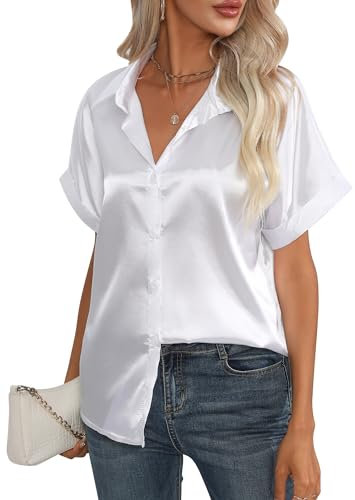 Maeau - Chemisier en Satin Femmes Chemise Boutonnée Manches Courtes Madame Bureau Tops Été Casual Loose Travail Col V Chemise M Blanc