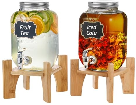 Hisredsun 2 x 4L Glas-Getränkespender mit Ständer, Getränkespender, Glas-Wasser-Saft-Spender mit Hahn, Wasserkrug mit Hahn Perfekt für Partys/Hochzeiten/Geburtstage