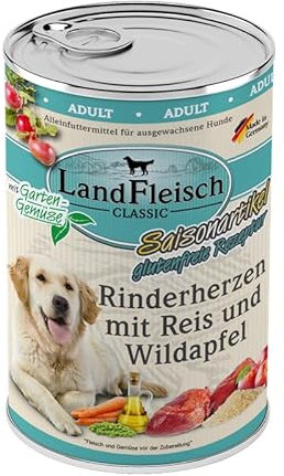 Landfleisch Classic Hundefutter 6 x 400g | Rinderherzen, Reis und Wildapfel | Mit hochwertigem Fleisch, Rapsöl (Omega-3 & 6), ohne Gluten, Zucker, GVO & Soja | Nassfutter für Hunde