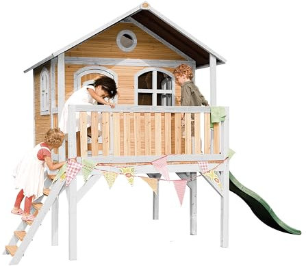 AXI Spielhaus Sophie mit grüner Rutsche | Stelzenhaus in Braun & Weiß aus FSC Holz für Kinder | Spielturm mit Wellenrutsche für den Garten