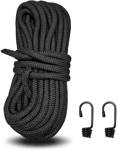 Swavitie 10mm 15m Black Seil Polypropylen und Polyester Seil mit 2 Spiralhaken Outdoor Tauwerk Allzweckseil Gartenseil - das Maximale Traggewicht Beträgt 200 kg