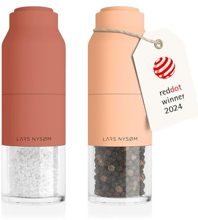 LARS NYSØM Salt and Pepper Grinder Set Stainless Steel with Adjustable Grinder I Bottle Design Spice Mills Set Manual (Red/Peach)