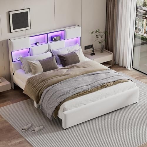 Rtopsu Letto Matrimoniale Letto Imbottito 160 x 200 cm con USB e LED, Letto con Contenitore a Testata, Struttura del Letti con Telaio in Metallo e Doghe in Legno, Lino, Beige, Senza Materasso