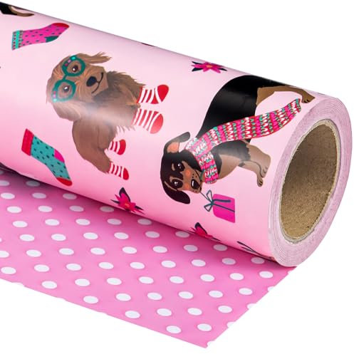 WRAPAHOLIC Wendbares Weihnachts-Geschenkpapier für Hunde, Mini-Rolle, 43,2 cm x 10,2 m, rosa Weihnachts-Geschenkpapier und Punkte-Design für Urlaub, Party