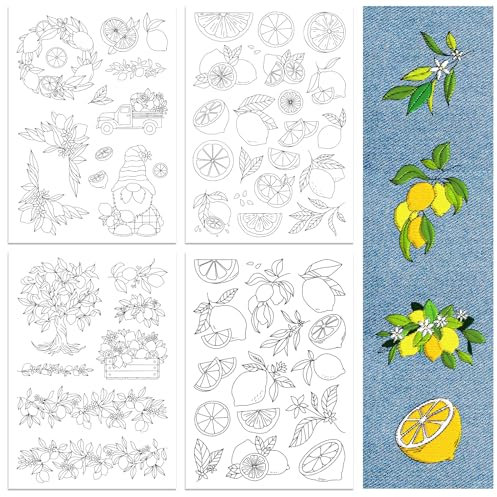 peacoblue Stickvorlagen Wasserlöslich für Anfänger 4 Sheet Zitrone with 55pcs Muster, Wash Away Stick and Stitch Auflösbares Stickereipapier für Handnähbegeisterte Frauen Erwachsene