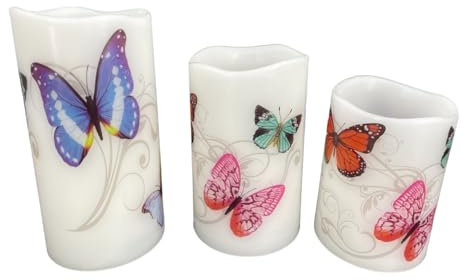 abc HOME | Kerze mit Motiv Schmetterlinge| 3tlg. | LEDs | batteriebetrieben | Echtwachs