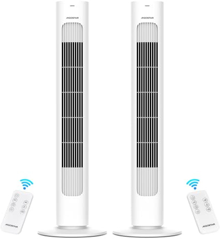 Aigostar Ventilatore a torre con telecomando, silenzioso, 3 velocità e 3 modalità, oscillazione 70°, ventilatore portatile con timer di 7 ore, altezza 86 cm, 50 W, bianco, 2 pezzi