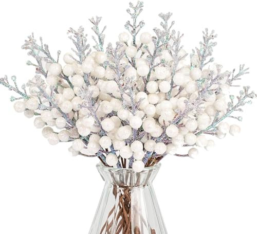 N&T NIETING Künstliche Beere Weihnachten Deko, 24 Stück Glitter Künstliche Holly Beeren Stämme für Weihnachten, Blumensträuße, Kranzdekorationen, Heimdekoration, Weihnachtsbaum Dekoration, Weiß