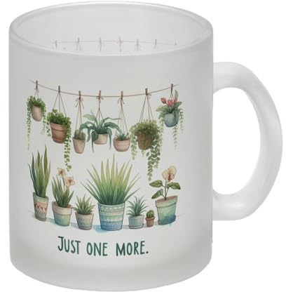 Pflanzen machen glücklich Glas Tasse mit Spruch Just one more Verschiedene Blumen bunte Über- und Blumentöpfe hängend Zimmerpflanzen - perfekt für zuhause