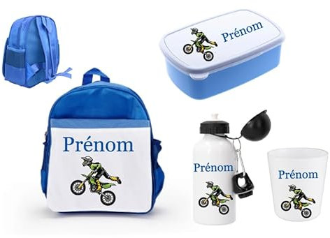 Ensemble rentrée cartable moto cross, gourde, gobelet, boite à goûter personnalisés au choix