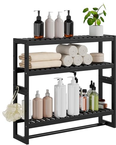 RRX Bambus-Badezimmerregal, 15cmx59cmx53cm H, 3-stöckig, verstellbare Schicht, schwebender Wandständer oder Ständer mit Stange, Standregal, Handtuchhalter, Hängestange für Badezimmer (Schwarz)
