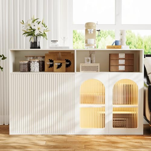 Merax Sideboard mit LED Beleuchtung, mit Glastür, Aufbewahrungsschränke, Moderne Anrichte Küchenzeile Schrank für Esszimmer Wohnzimmer Küche, 140×35×90cm, Weiß