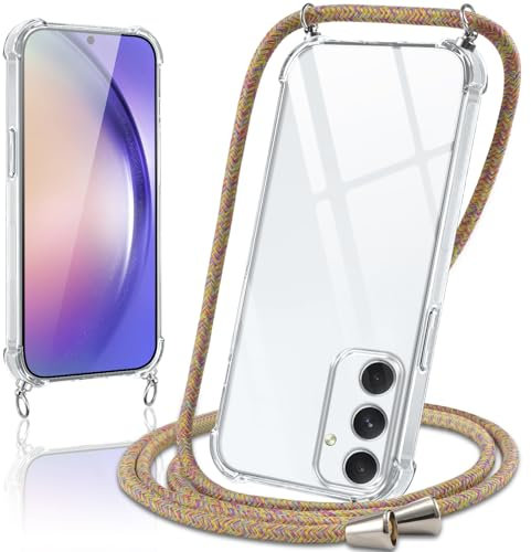 Coiwxmoi Handyband Handyhülle für Samsung Galaxy A54 5G Hülle mit Band 6,6,Transparent Case mit Kette Abnehmbar zum Umhängen Kordel Schutzhülle,Weich Silikon TPU Stoßfest Cover,Regenbogen