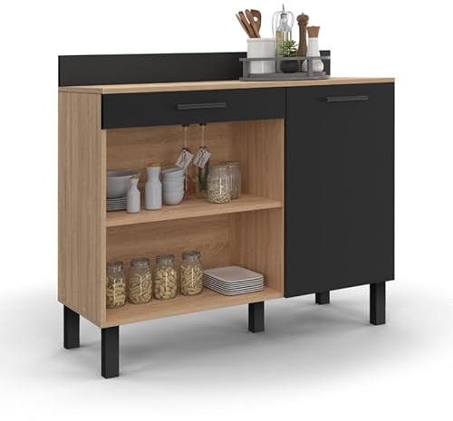 IDMarket - Buffet bas de cuisine 100 CM CINA plan de travail H.83 cm 1 porte + 1 tiroir façon hêtre et noir