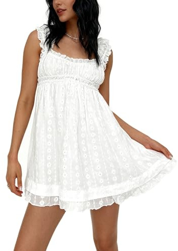 JeuaPho Women's Summer Babydoll Mini Dress Spaghetti Strap Sleeveless Party Short Y2k Swing Dresses A Line Sundress (White, S)