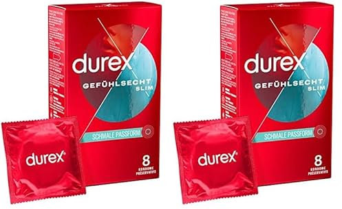 Durex Gefühlsecht Slim Kondome – Dünne Kondome mit schmaler Passform & mit Silikongleitgel befeuchtet – 16er Pack (1 x 8 Stück)