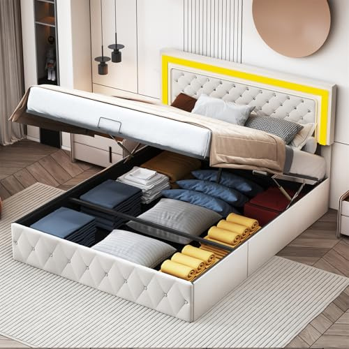 BestAlice Gepolstertes Doppelbett 140 x 200 cm, modernes Bett mit LED, verstellbares Kopfteil mit Stauraum, Bett für Erwachsene Teenager mit Lattenrost, Samt, Beige
