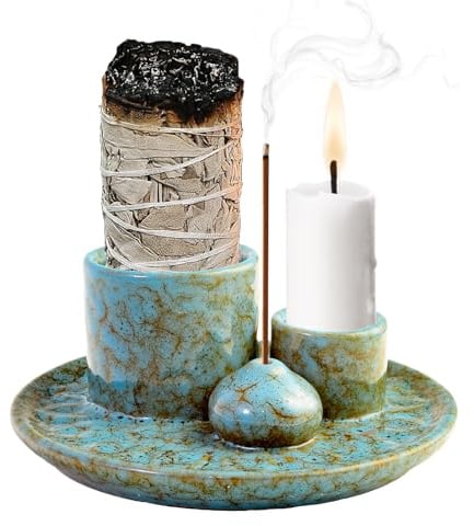 Quemador de Incienso 4 en 1, Porta Incienso de Cerámica, Soporte Incienso | Incienso Para Palo Santo Salvia con Cenicero, Quemador Palo Santo para Aromaterapia, Yoga, Salón y Meditación