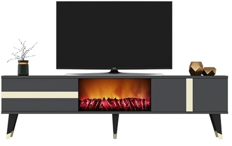 CONCEPTO FÁBRICA | Mueble TV 150 cm SUNY gris antracita con chimenea LED decorativa | Diseño gráfico con acabados dorados | 2 armarios | Pies altos 20 cm | Ambiente acogedor sin calefacción