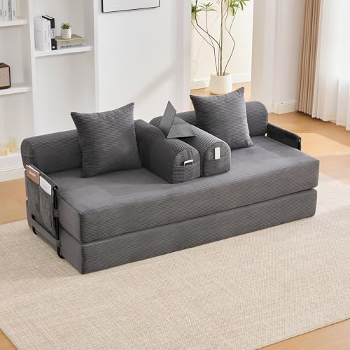A ALFRESCOOL Modulares Sofa, Boneless Couch, Schlafsofa, Sofa mit Schlaffunktion, Zusammenlegbares, Robustem Metallrahmen, Seitentaschen + 3 Kissen, 200×94×67cm (Dunkelgrau)