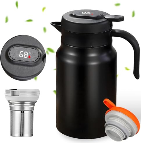 Thermoskanne 1,5L mit Teesieb und Temperaturanzeige, Isolierkanne aus Edelstahl 316 Doppelwand Vakuum Gut Abgedichtet ohne Leck Kaffeekanne Thermo Teekanne Thermo Ideal für Tee, Kaffee und Milch