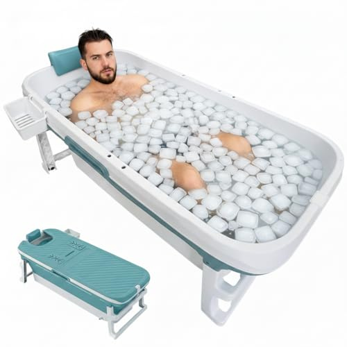 Keyzone Baignoire portable de 134 cm pour adulte - Baignoire pliable de 134 x 65 x 22 cm, baignoire pliante de 132,1 cm avec panier de rangement et couvercle, baignoire chaude et spa, baignoire