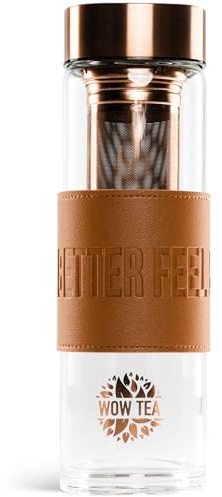 Stylische Tee-Infusionsflasche 550 ml – Borosilikatglas, hochwertiger Edelstahl-Infuser, auslaufsicher, hitzebeständig, wiederverwendbar, elegantes Design mit Griff in Leder-Optik – WOW TEA