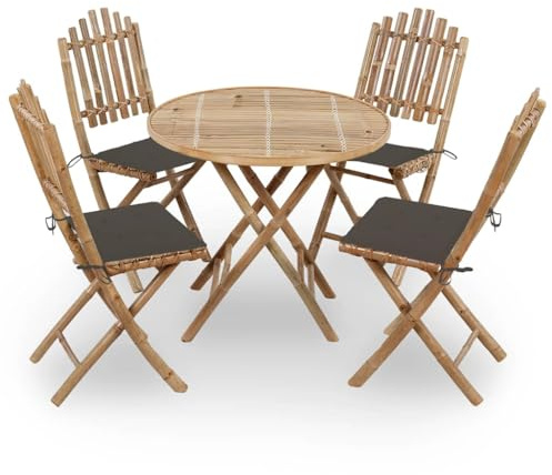 Runheo 5-TLG. Garten-Essgruppe mit Kissen, klappbar, aus massivem Bambus, wetterfest, für Terrasse, Balkon, Outdoor-Möbel, platzsparend, Taupe