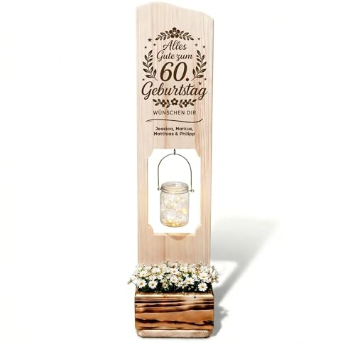 Generisch Geschenk zum runden Geburtstag 40 50 60 – personalisierter Holzaufsteller mit Gravur, LED-Glas & Blumenkasten, besonderes Geldgeschenk & Deko