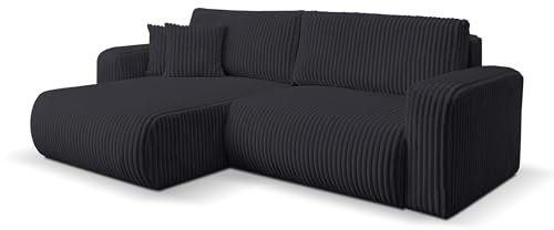 VENASI MÖBEL Ecksofa Tilly, Eckcouch in L-Form mit Schlaffunktion und Bettkasten, Farbe: Schwarz, Cordstoff, Ottomane Universal