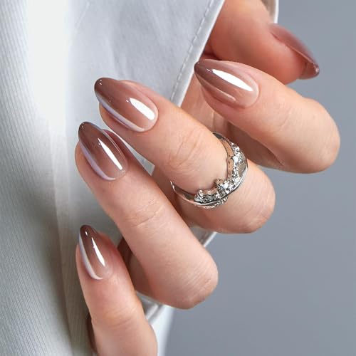CurvLife Soft Gel Almond Press On Nails Medium, Long-Lasting Reusable Fake Nails Kit with Glue & Tabs, 30pcs Salon-Quality Stick On Nails for Women At-Home Manicure (Mocha Chrome)