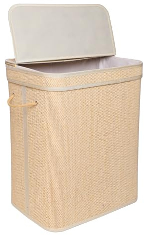 Relaxdays Wäschekorb mit Deckel, Bambus, 90 l, Faltbare Wäschebox, HxBxT: 61 x 49 x 33 cm, Badezimmer Wäschetruhe, Natur